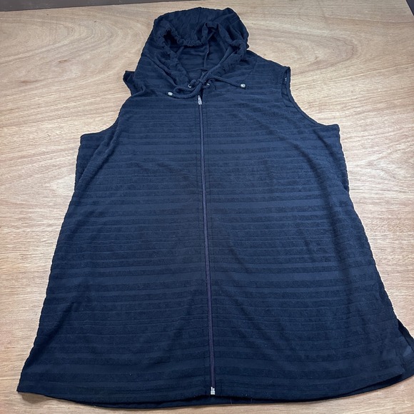 Catalina Tops - Catalina Hooded Vest Women's 1X Black Ribbed Zip Front Sleeveless Lightweight
